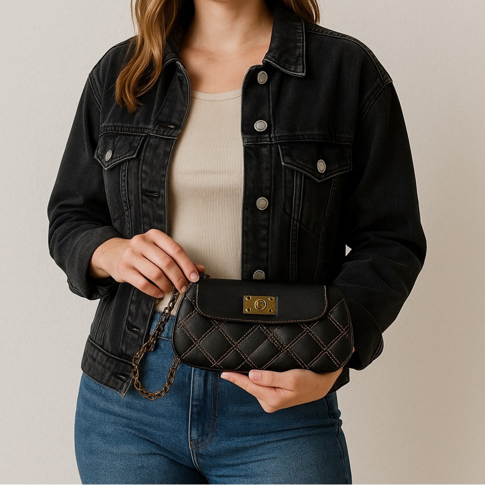 Fossil Black Quilted Leather Vintage Wristlet Purse Handbag